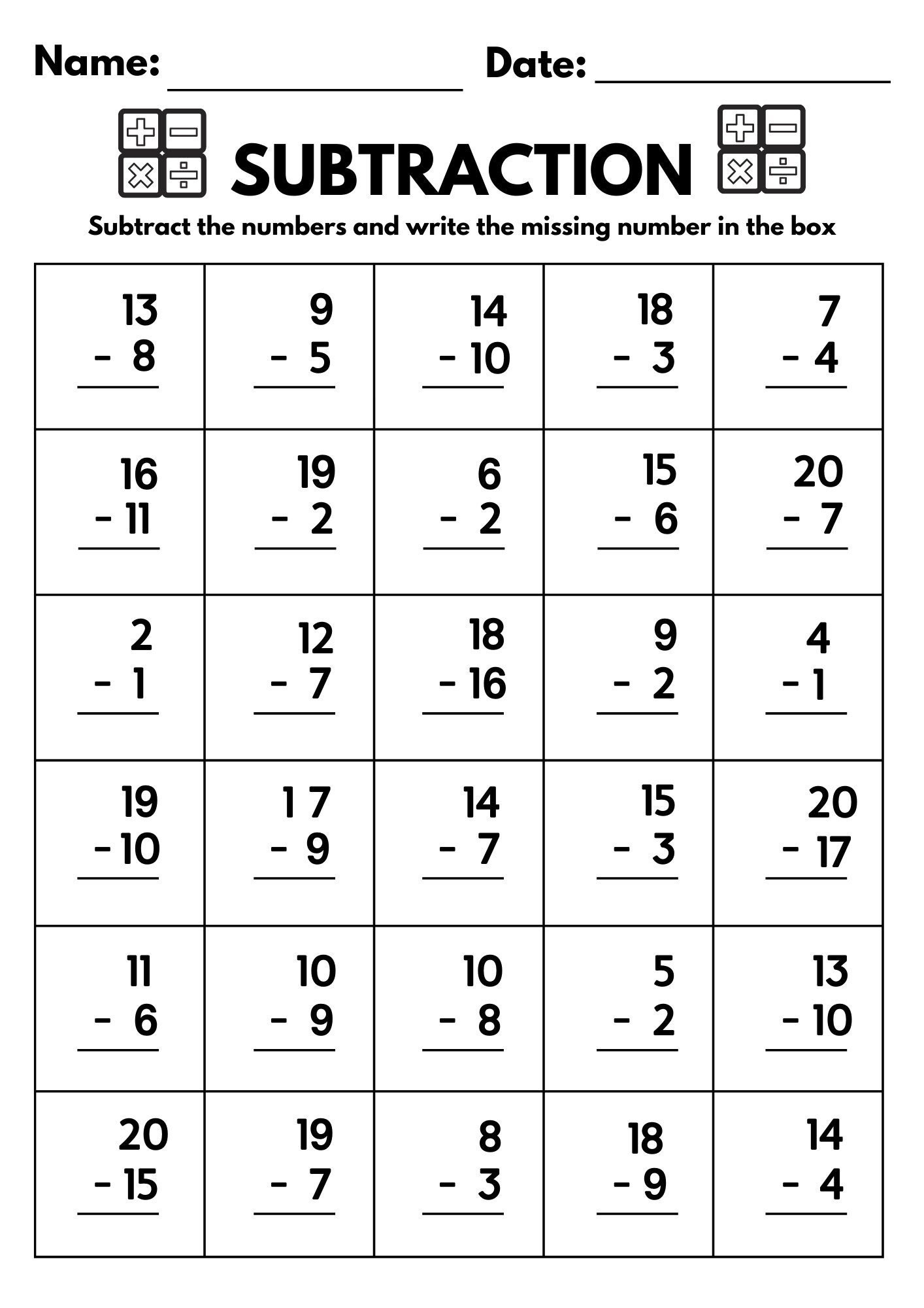 10 Printable Subtraction Fill In The Blanks Worksheets Numbers 1 20 For Kindergarten 1st Grade 2nd Grade Math Subtraction Worksheets Etsy