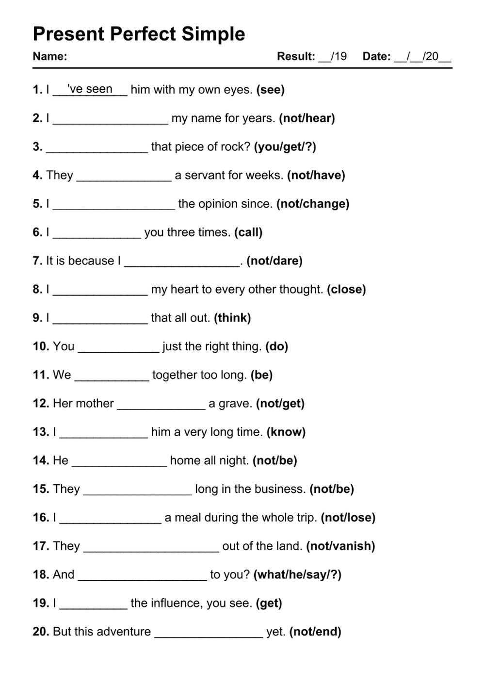 101 Present Perfect PDF Worksheets With Answers Grammarism