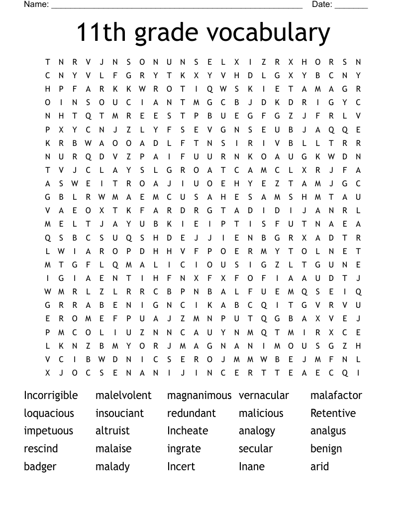 11th Grade Vocabulary Word Search WordMint Spelling Word List E 11