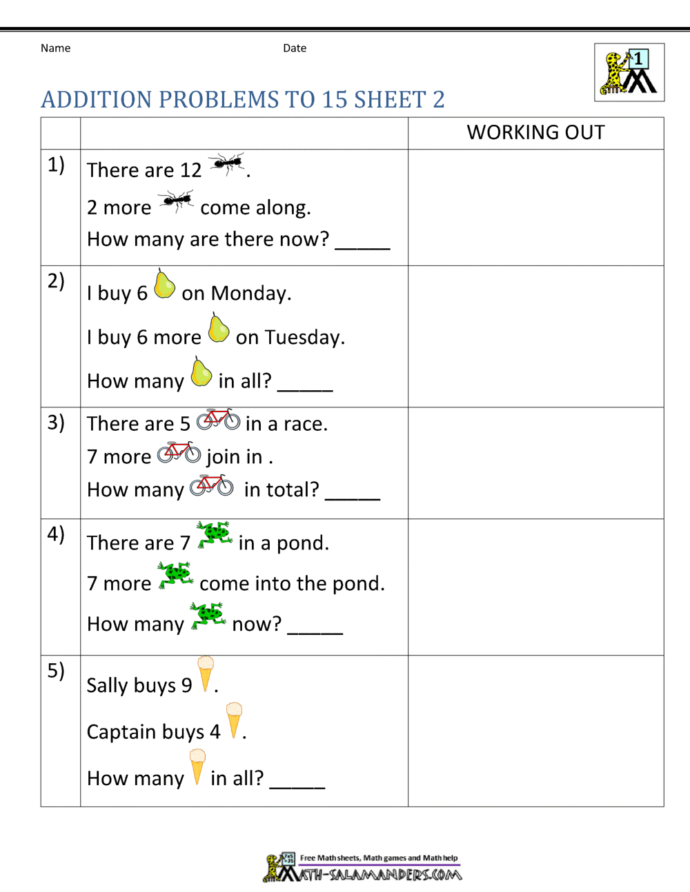 Addition Word Story Problems 1st Grade Math Worksheet Catholic