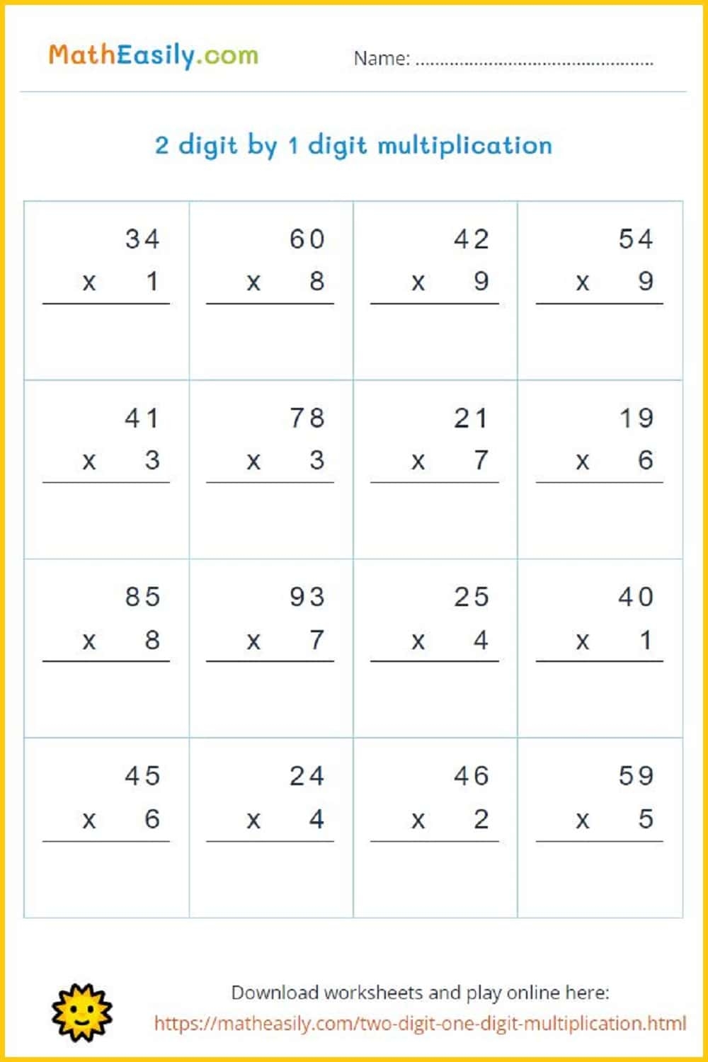 2 Digit By 1 Digit Multiplication Games Worksheets