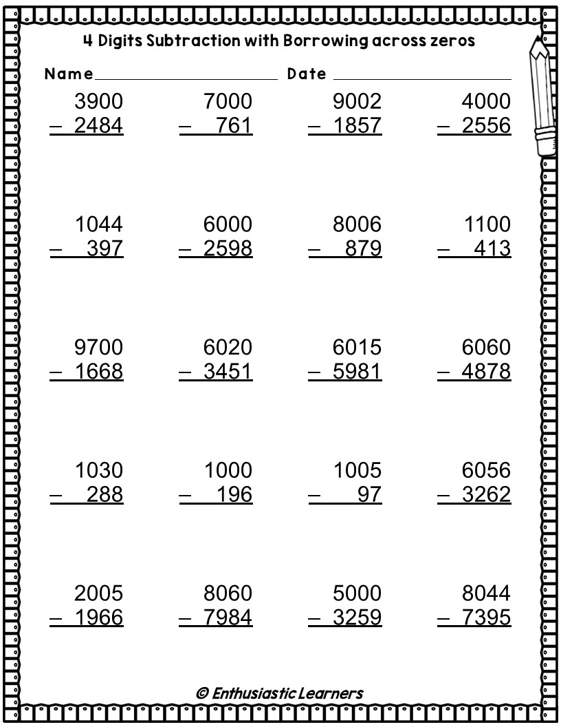 4 Digit Subtraction With Borrowing Across Zeros Worksheets Practice Activity Teaching Resources 4 Digit Subtraction With Borrowing Across Zeros Worksheets Practice Activity Teaching Resources
