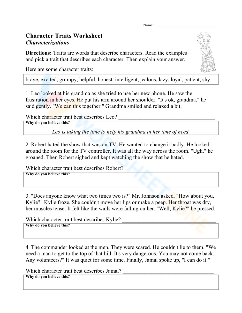 4th Grade Character Traits Worksheets Printable