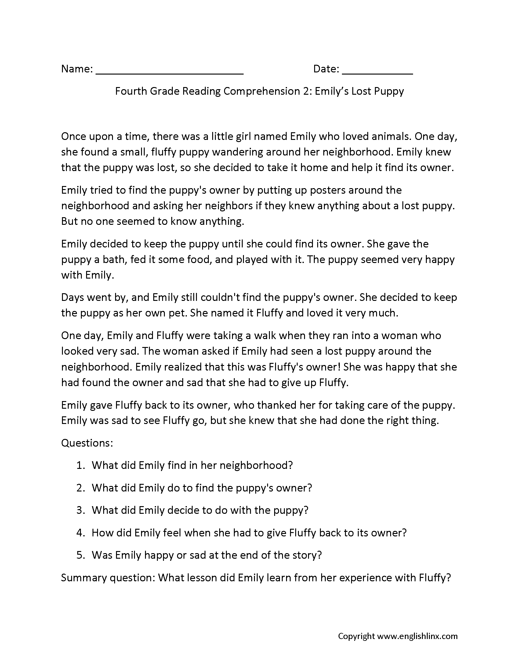 Fourth Grade Reading Comprehension Superstar Worksheets