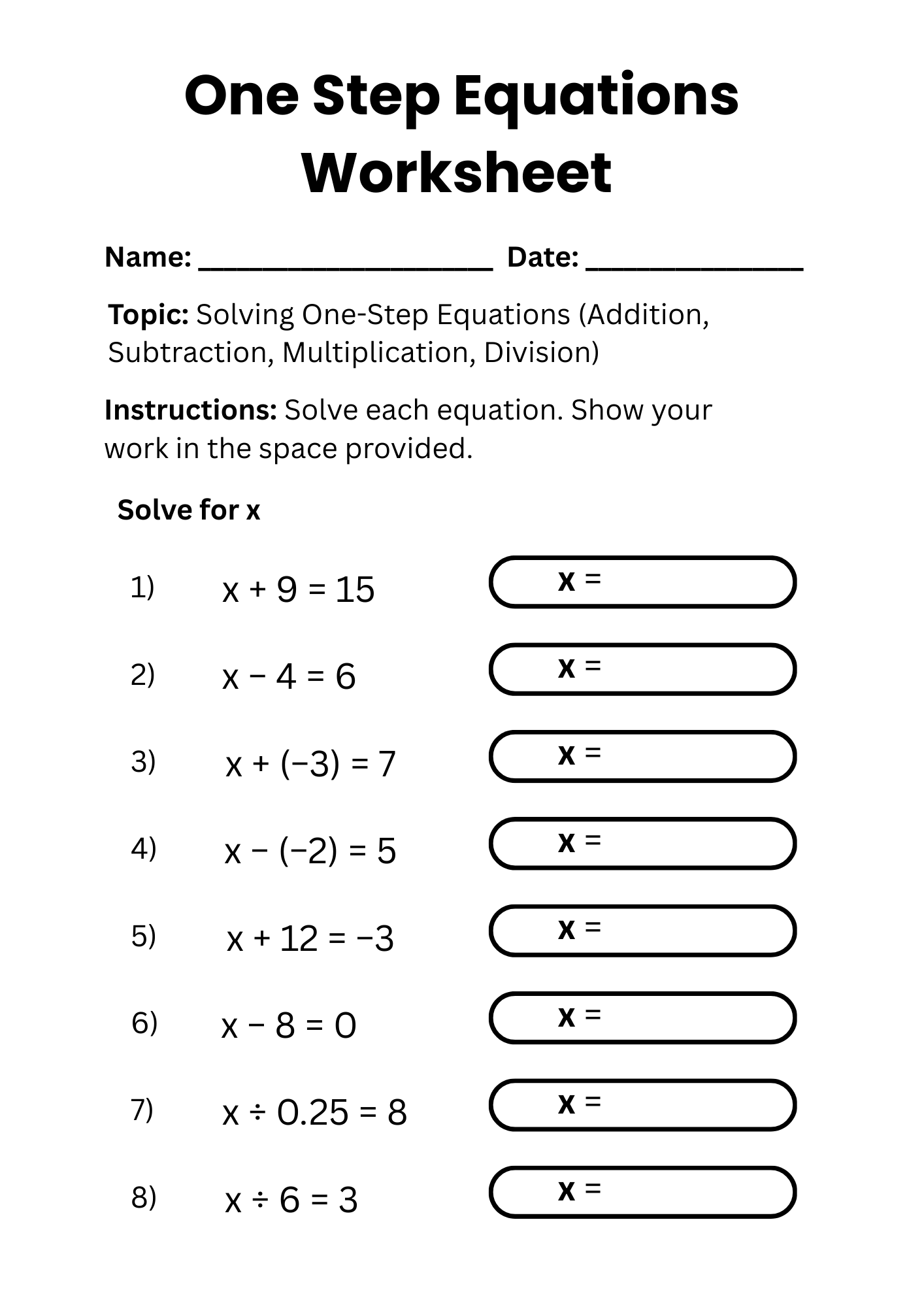 Printable One Variable Equations Worksheets