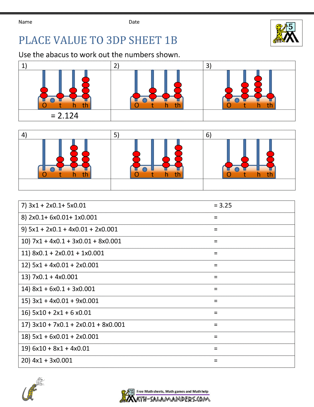 Adding Decimals Hundredths Sheet 1