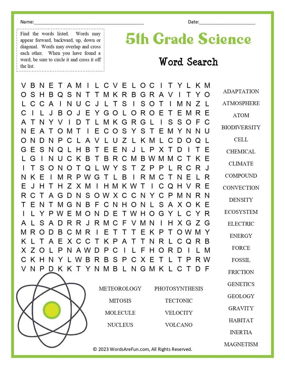 5th Grade Science Word Search 5th Grade Science Word Search