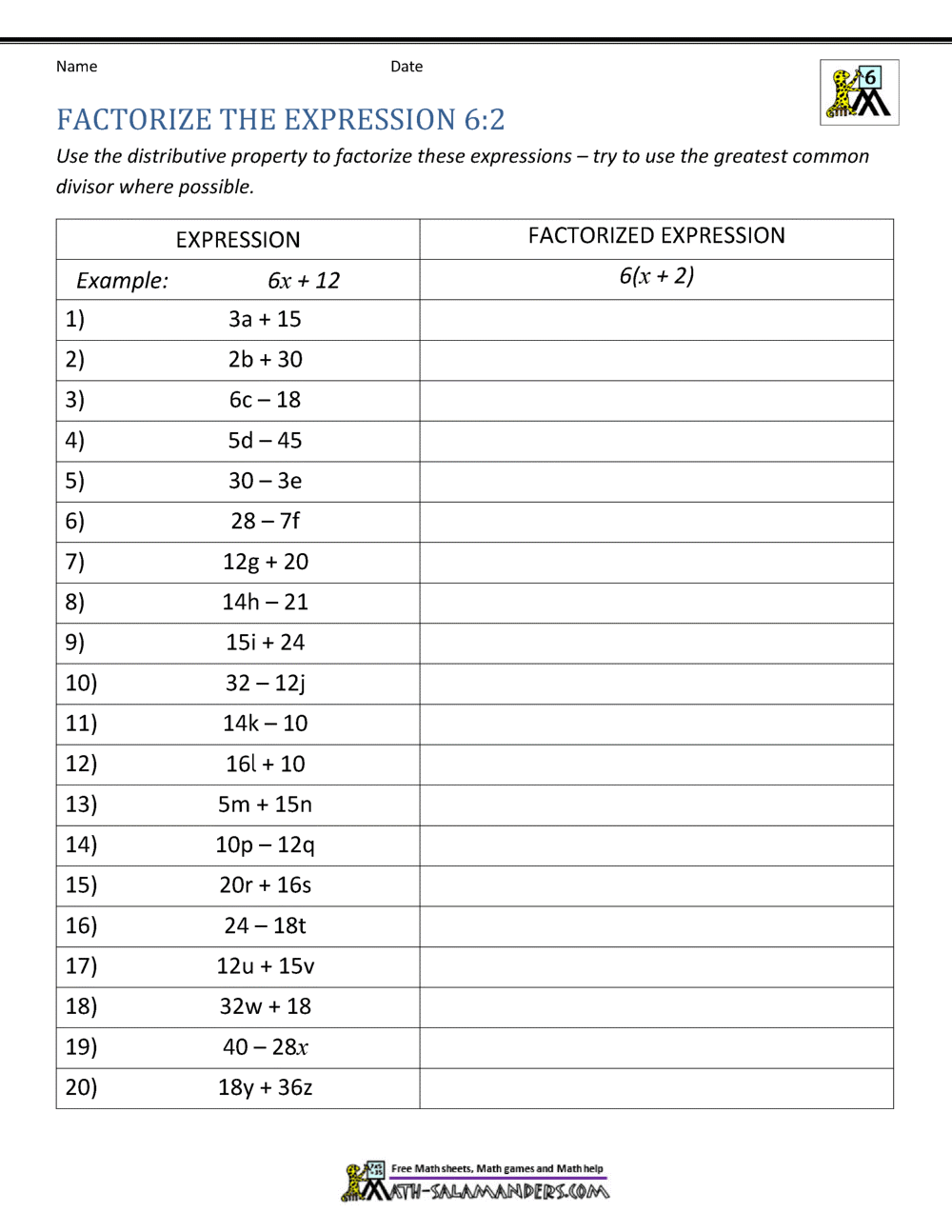 6th Grade Distributive Property Worksheets