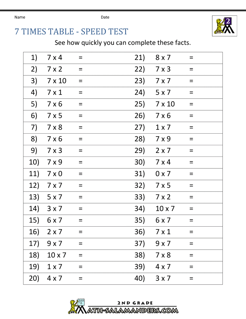 7 Times Table 7 Times Table Worksheet Page