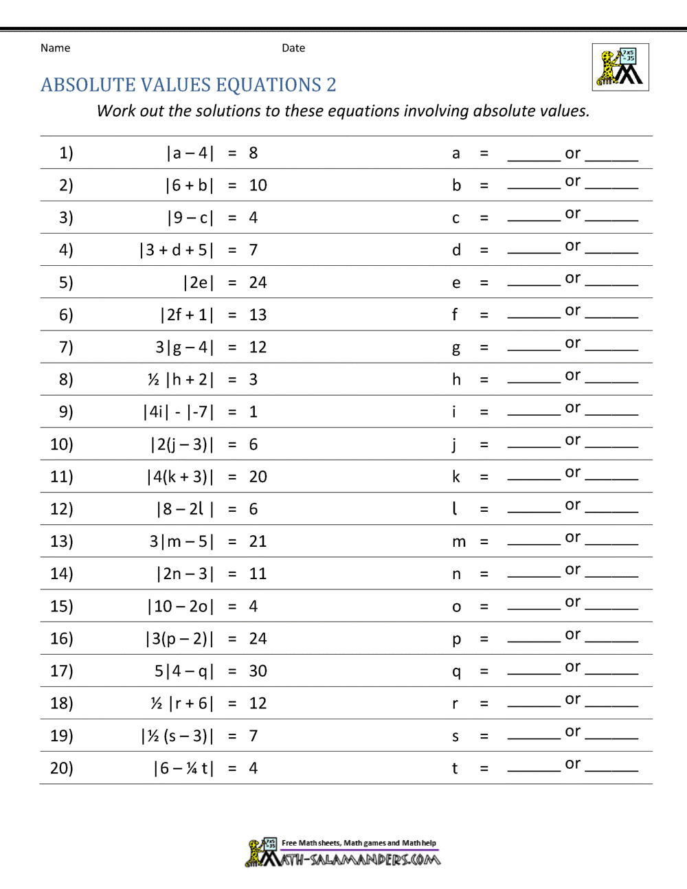 Absolute Value Worksheets