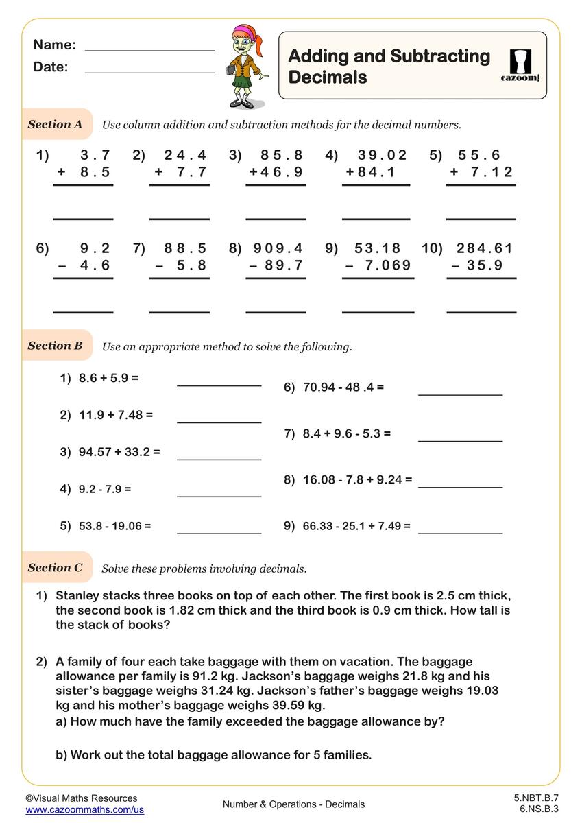 Adding And Subtracting Decimals Worksheet Fun And Engaging 5th Grade And 6th Grade Number Operations In Base Ten Worksheet Cazoom Math