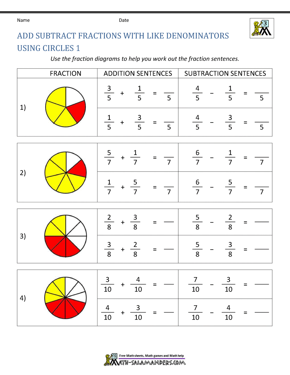 Adding And Subtracting Fraction Worksheets