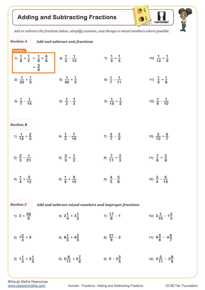 Adding And Subtracting Fractions Worksheet Printable Maths Worksheets