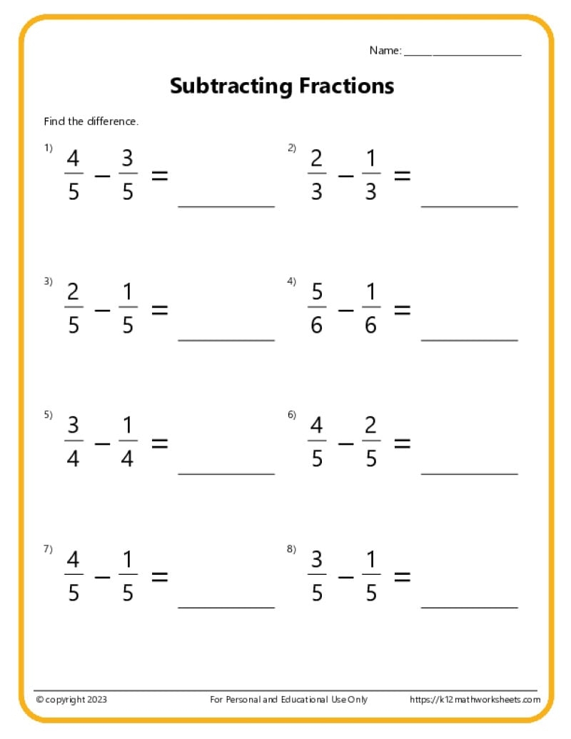 Adding And Subtracting Fractions Worksheets Subtract Fractions Worksheets For 5th 6th Grade Like Denominators Made By Teachers