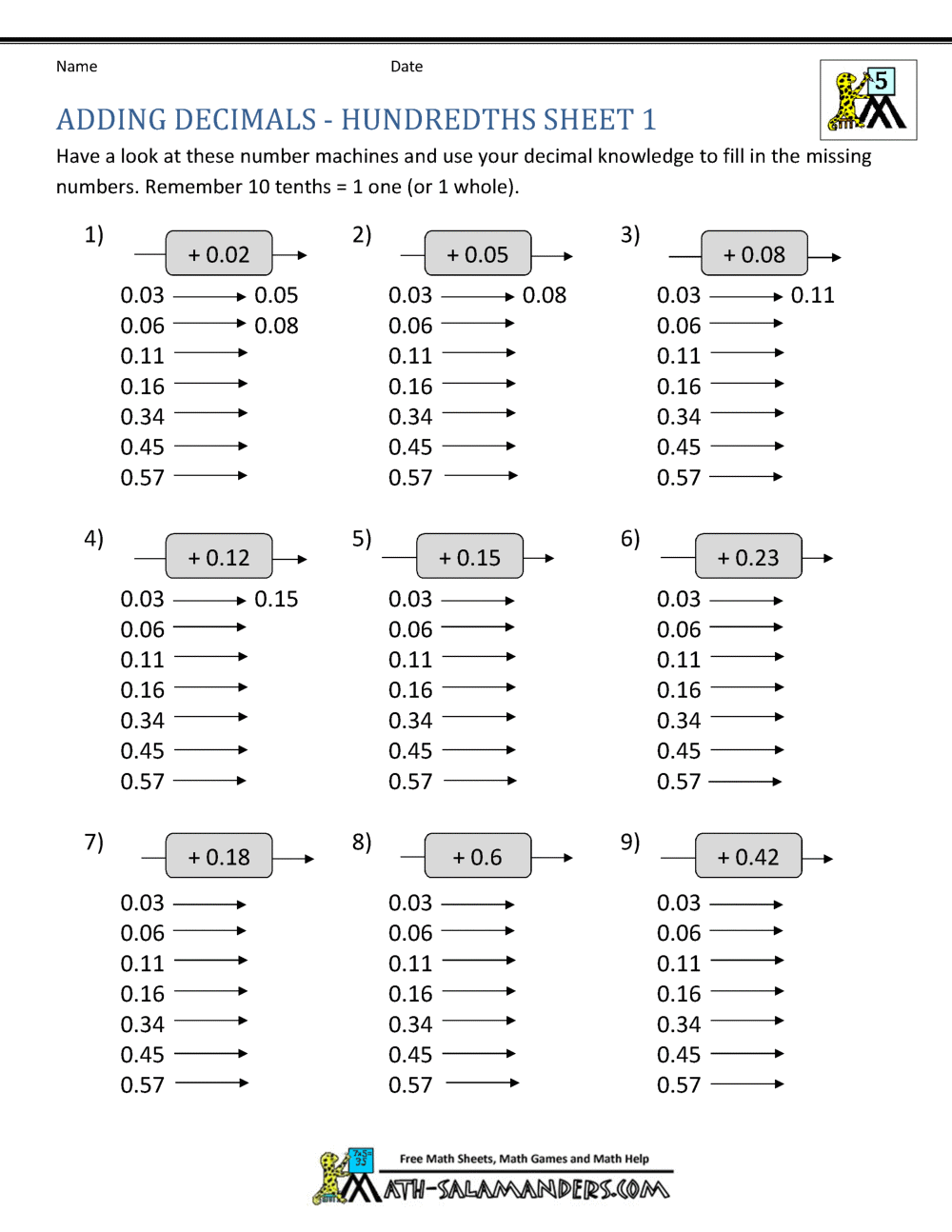 Adding Decimals Hundredths Sheet 1
