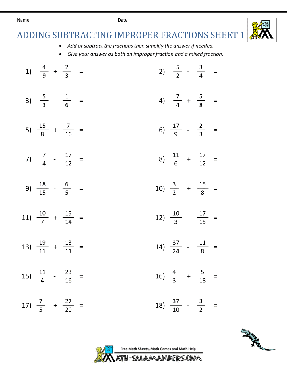 Adding Subtracting Fractions Worksheets Subtraction Math Worksheets Pdf Printable Math Champions