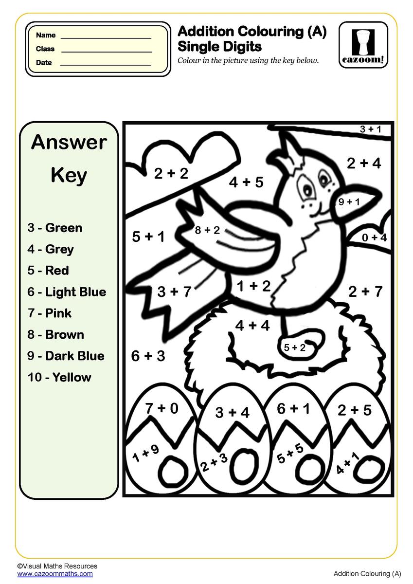 Addition Colouring A Single Digits Worksheet PDF Printable Addition Worksheets