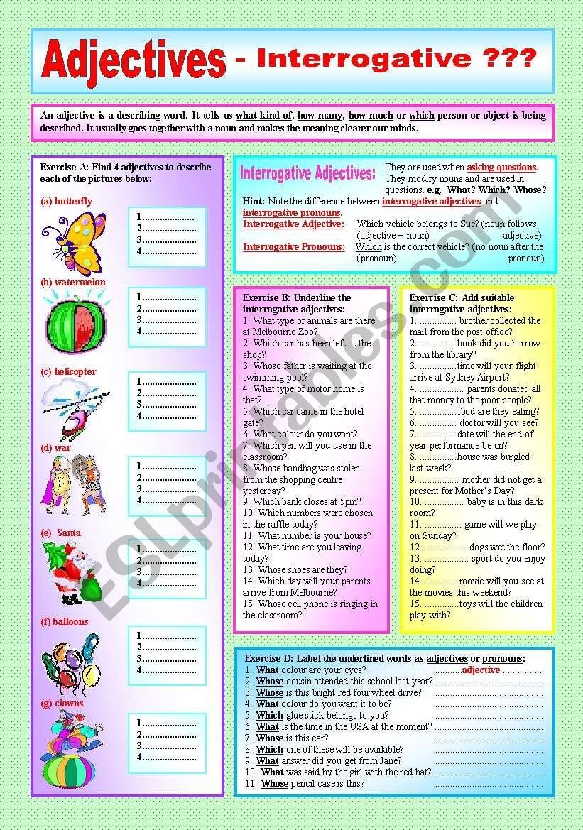 ADJECTIVES Interrogative Adjectives Interrogative Pronouns Elementary Intermediate Explanation 4 Exercises With Approx 45 Sentences To Complete B W VERSION INCLUDED ESL Worksheet By Ranclaude