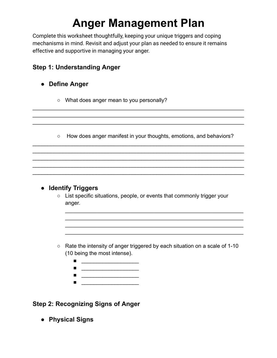 Anger Management Plan Therapist Tool Anger Management Tool Anger Management Worksheet Etsy