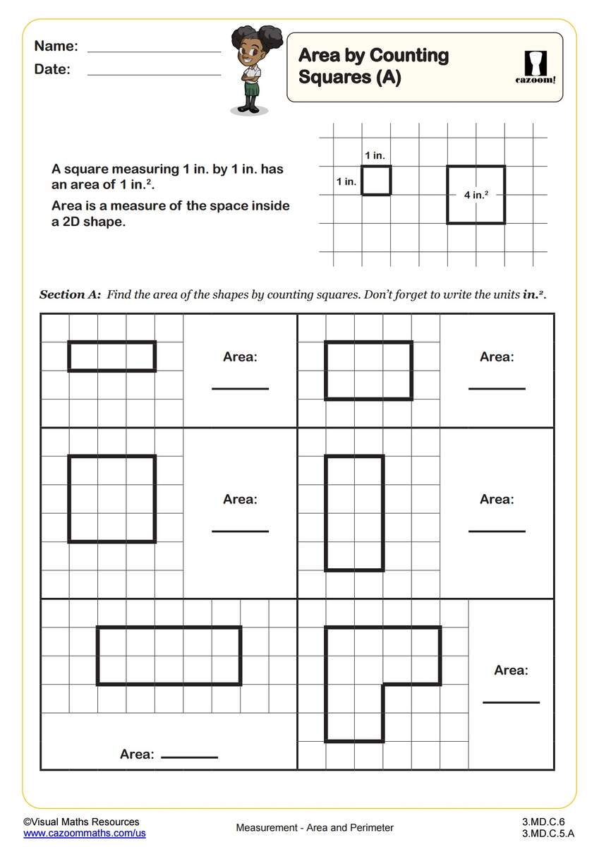 Area By Counting Squares A 3rd Grade PDF Measurement Worksheets Cazoom Math Area Of Rectangle Worksheets