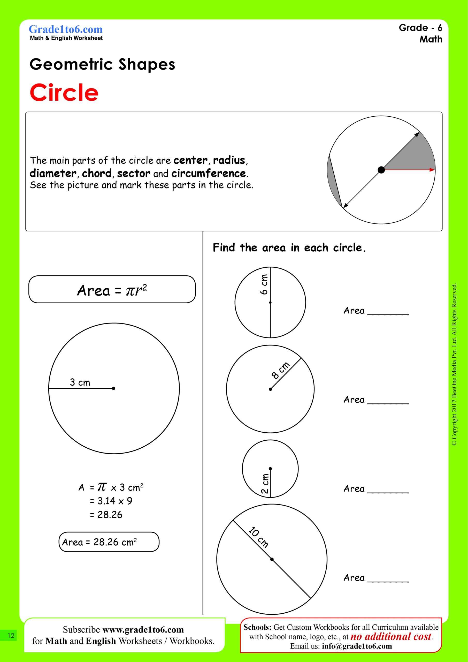 Area Of A Circle Worksheet Grade1to6