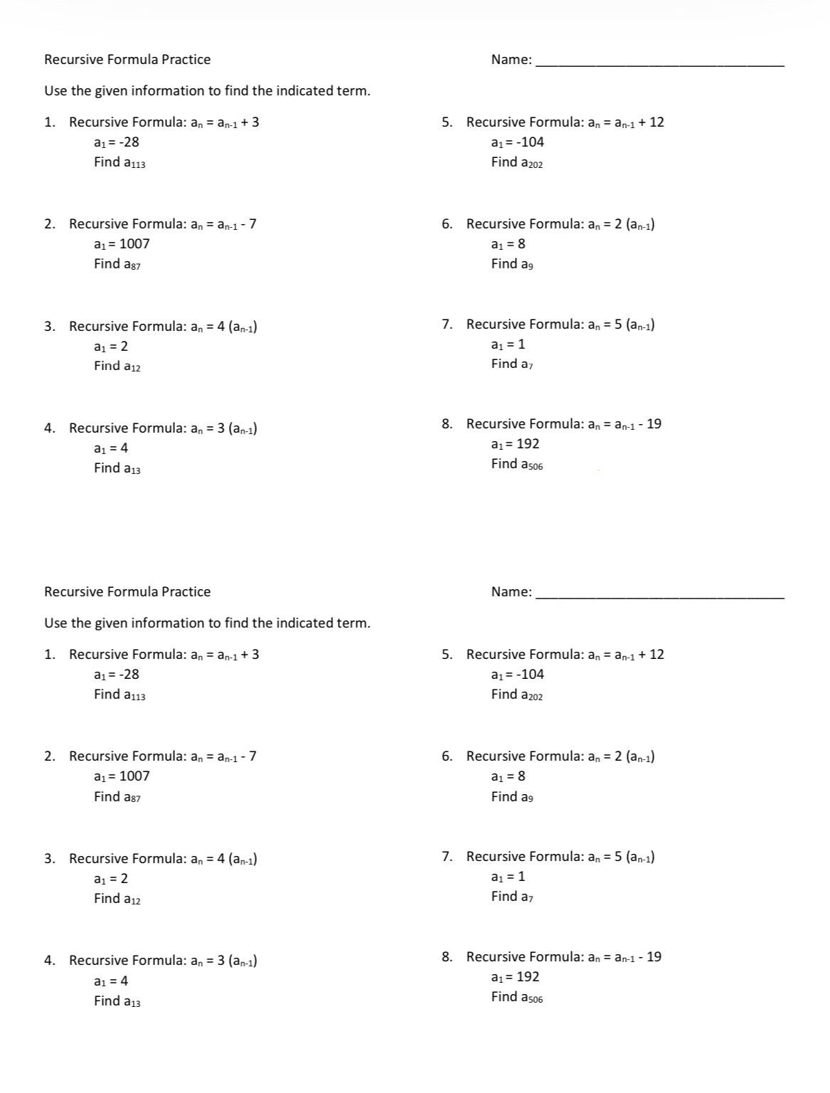 Arithmetic And Geometric Sequences Recursive Formula Practice TPT
