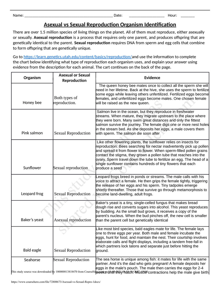 Asexual Vs Sexual Reproduction Worksheet