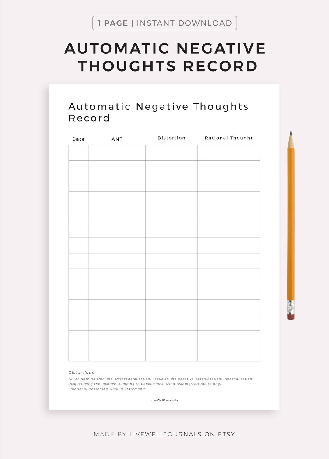 Automatic Negative Thoughts Record CBT Worksheets Mental Health Printable PDF Self Help Tool Instant Download Etsy