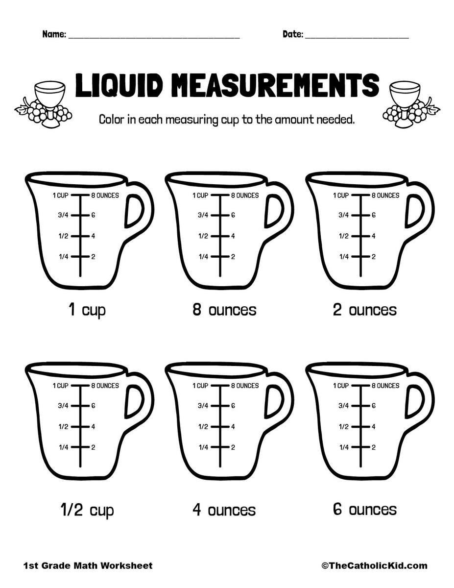 Catholic Themed Liquid Measurements Worksheet TheCatholicKid Measuring Liquid Volume Worksheets Printable