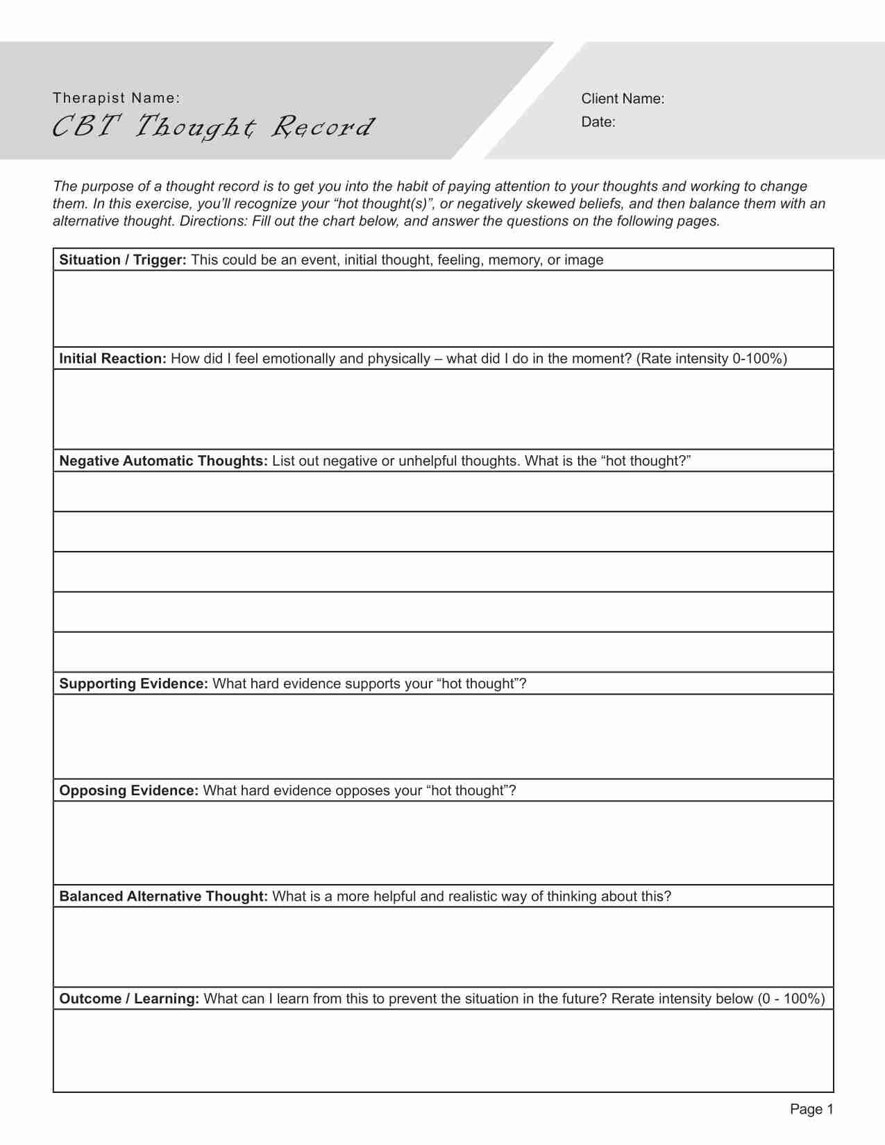 CBT Thought Record Worksheet PDF TherapyByPro