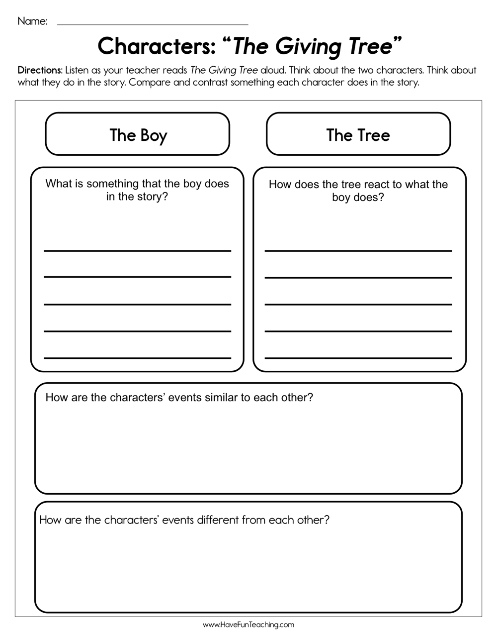 Characters The Giving Tree Worksheet Have Fun Teaching