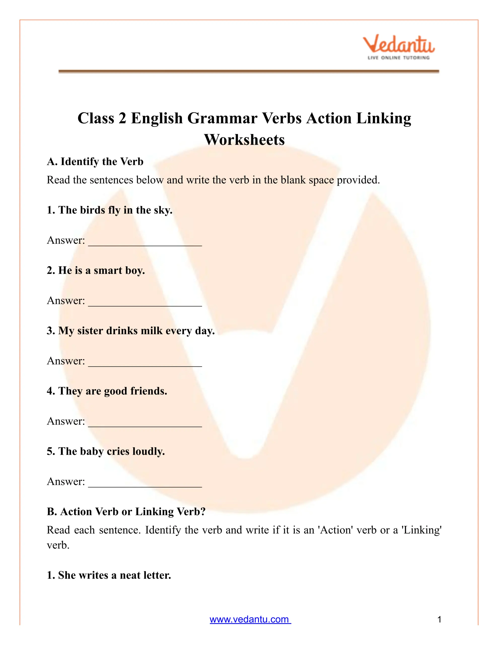 Class 2 Action Linking Verbs Worksheet Free PDF Practice
