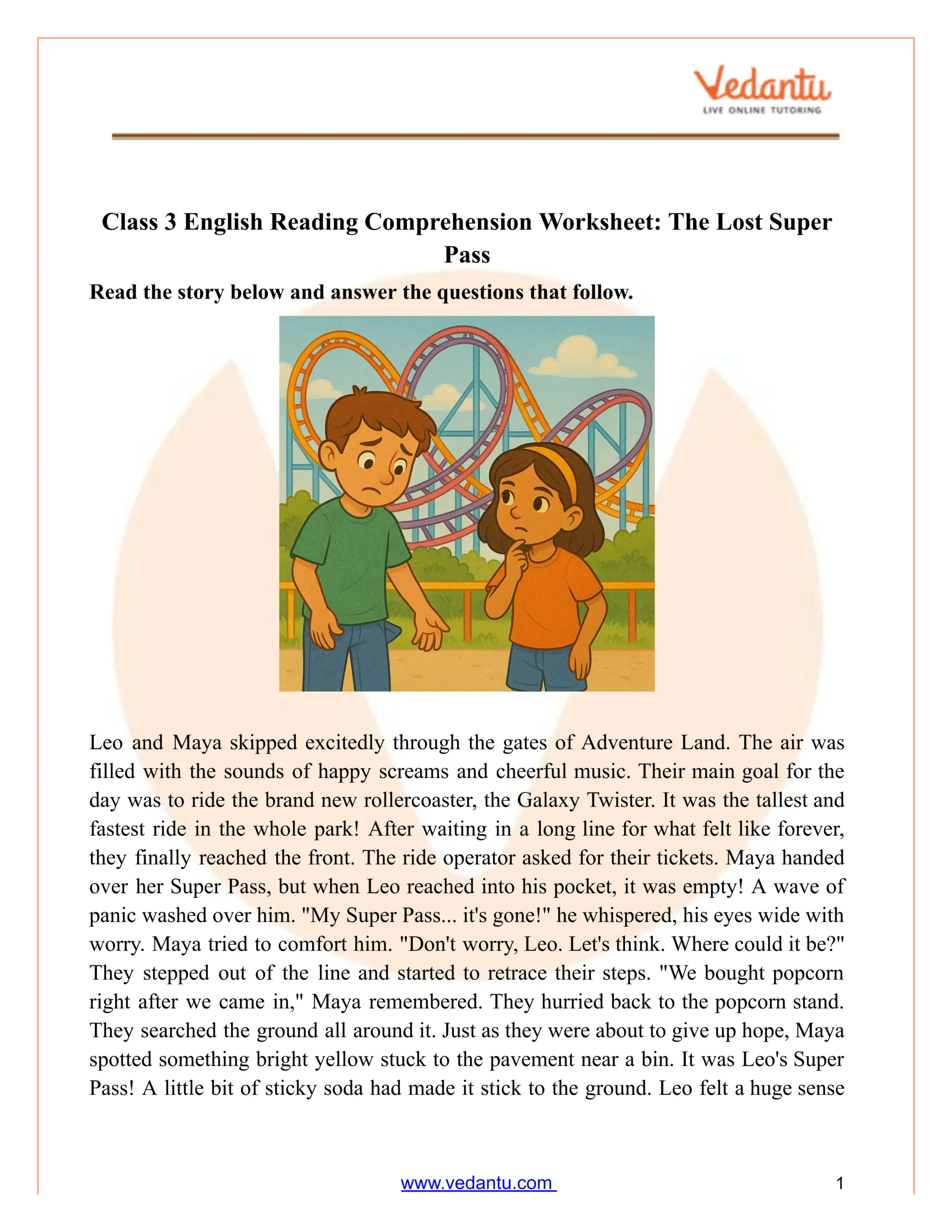 Class 3 Reading Comprehension Worksheet Amusement Park Story PDF Class 3 Reading Comprehension Worksheet Amusement Park Story PDF