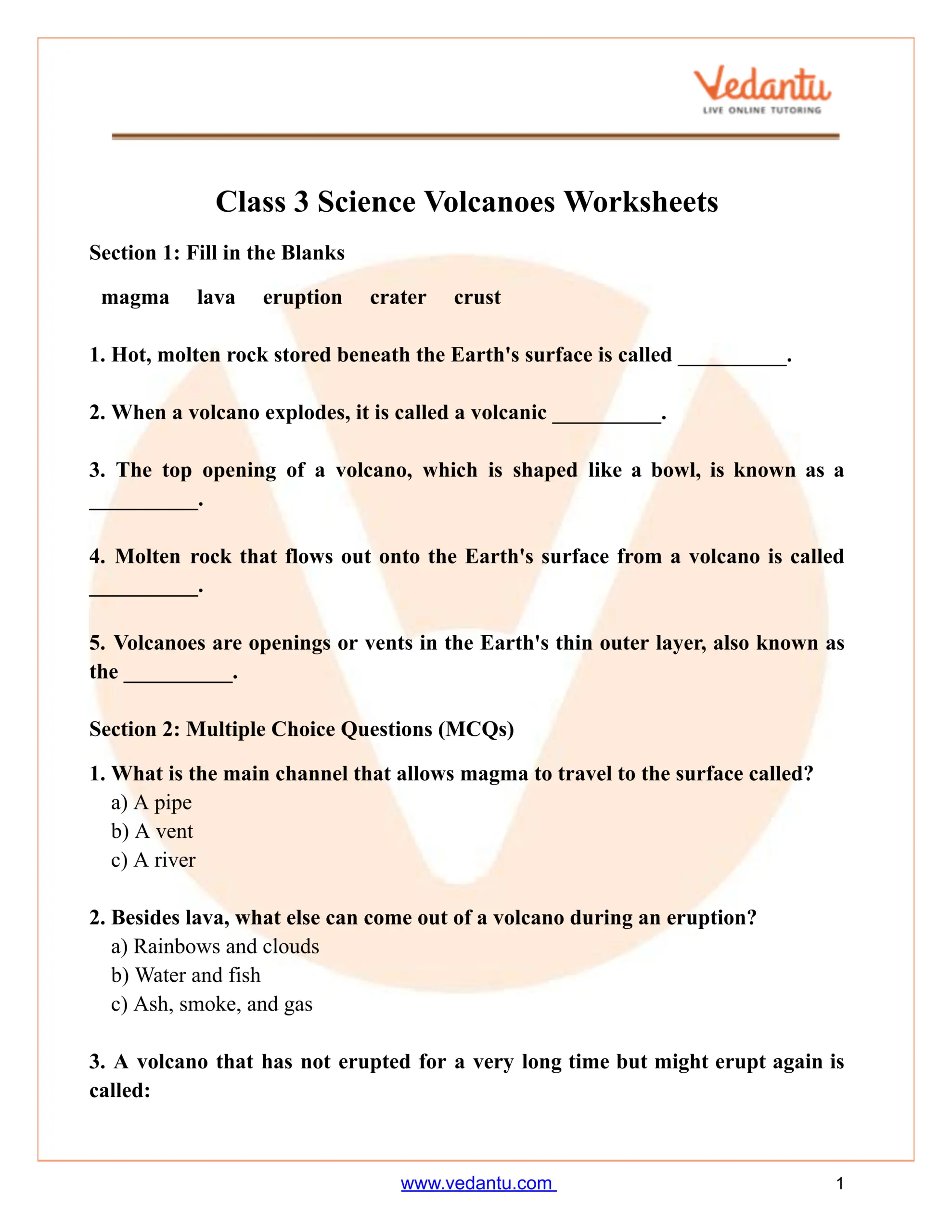 Class 3 Science Volcanoes Worksheet Free Printable PDF