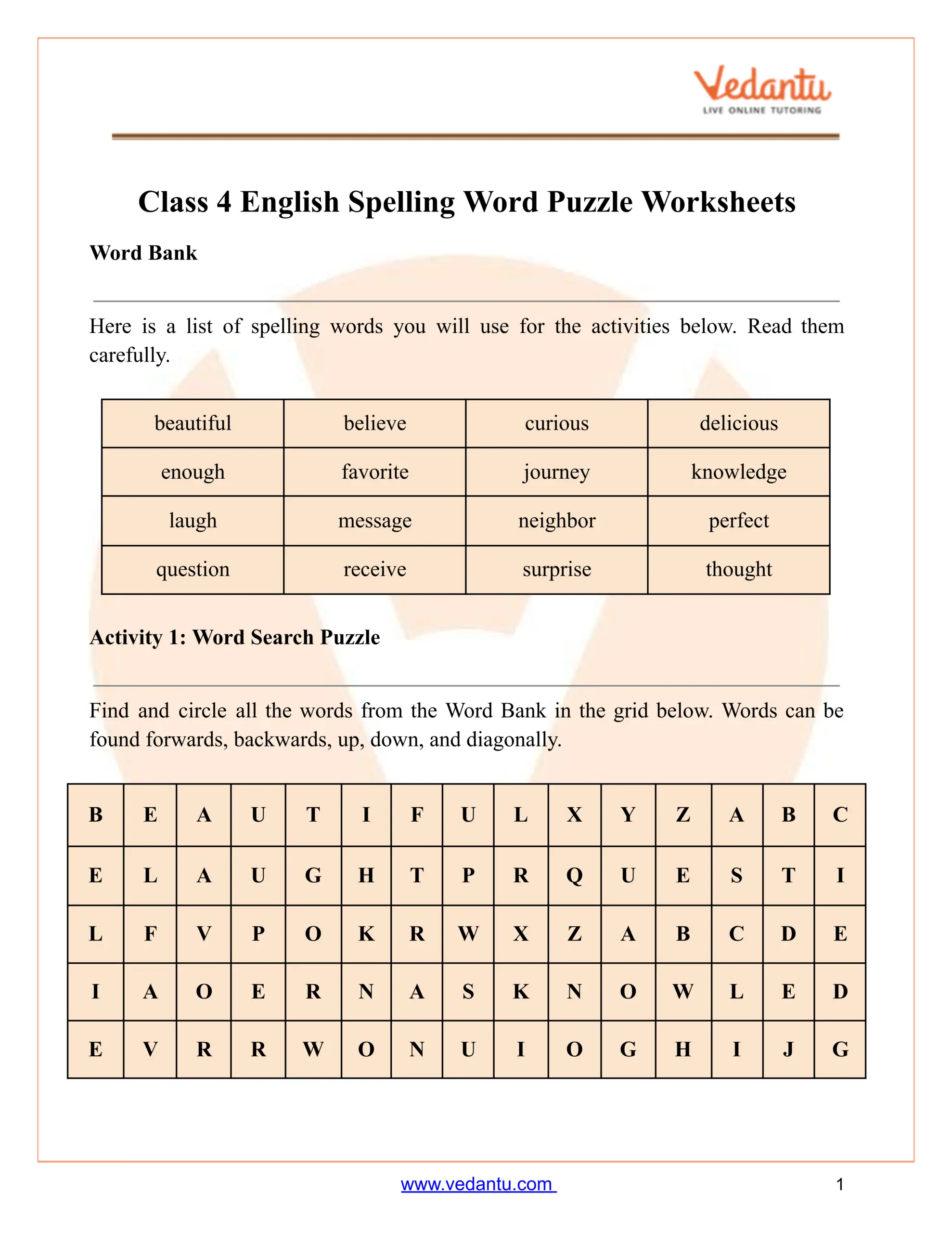 Class 4 Spelling Word Puzzle Worksheet Free Printable PDF
