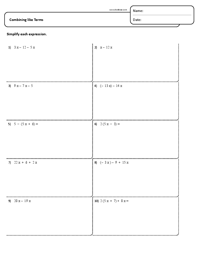 Combining Like Terms Worksheets Combining Like Terms Worksheets