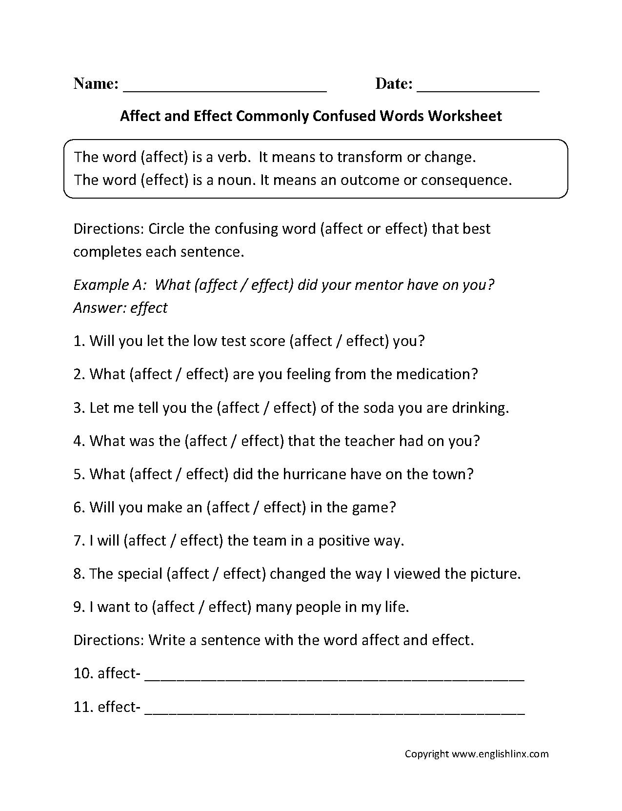 Affect Vs Effect Worksheet For Class 5 Free PDF Practice