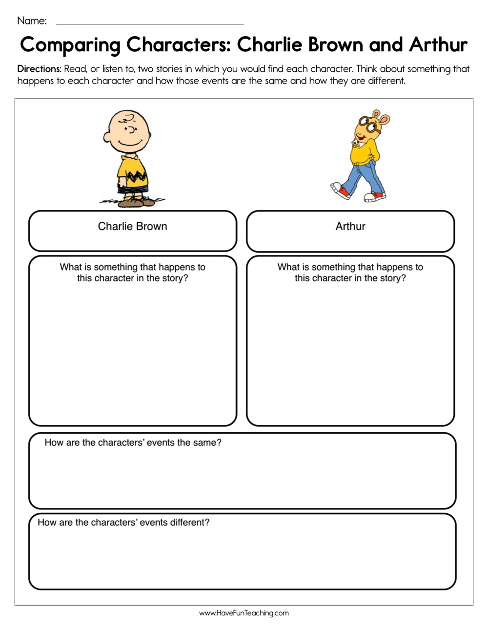 Compare And Contrast Characters Charlie Brown And Arthur Worksheet Have Fun Teaching