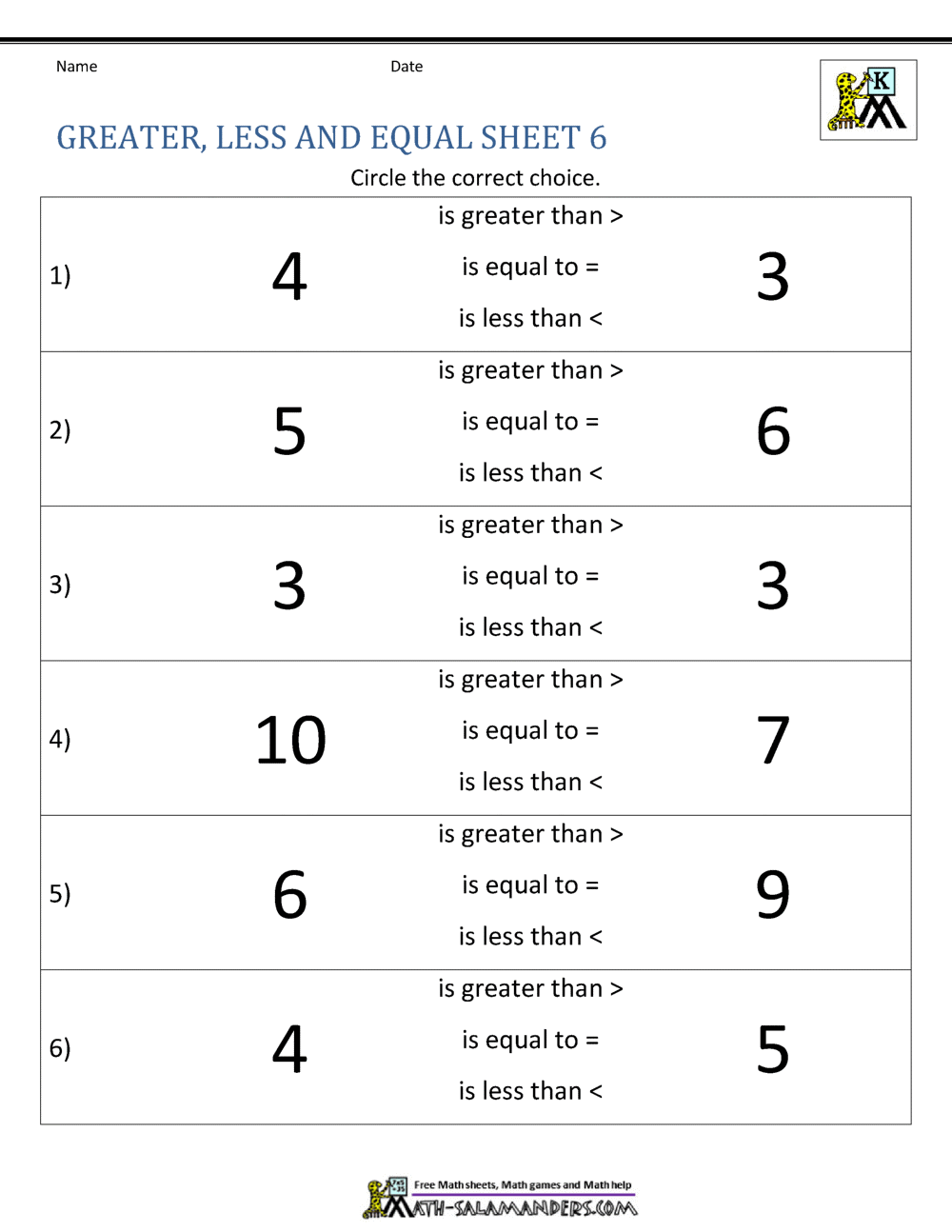 Comparing Numbers Worksheet Comparing Numbers And Amounts Up To 10