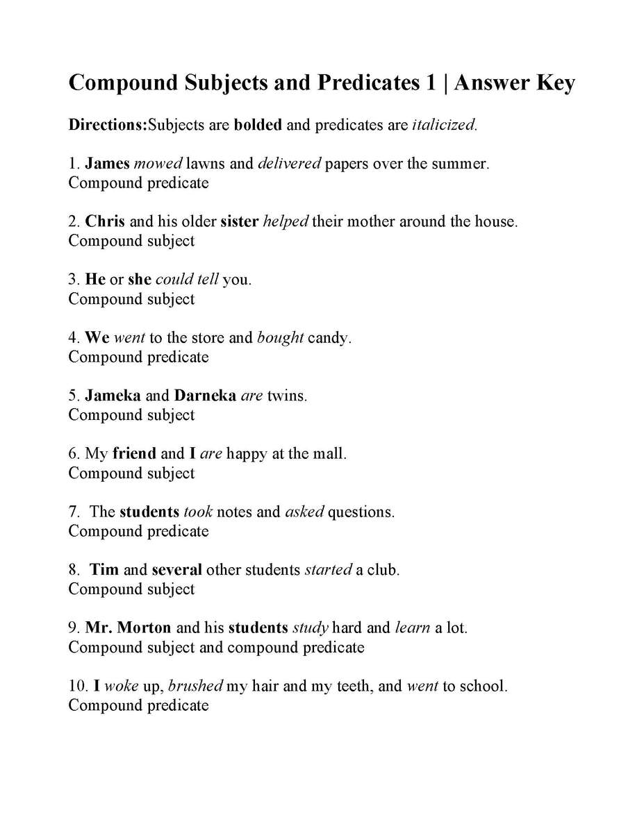 Compound Subjects And Predicates Worksheet Sentence Structure Worksheets Library