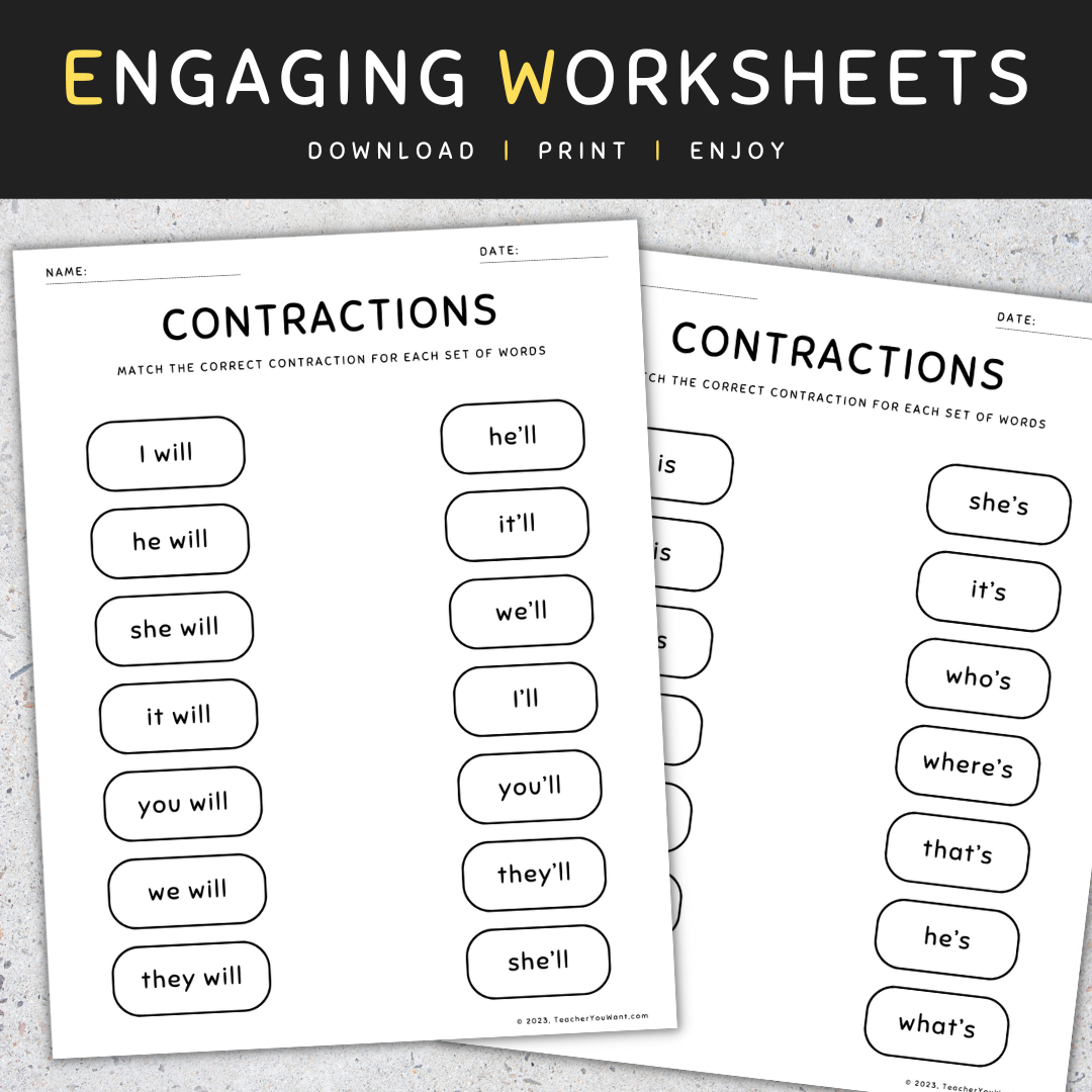 Contractions Worksheets Matching Game Activity Assessment Made By Teachers