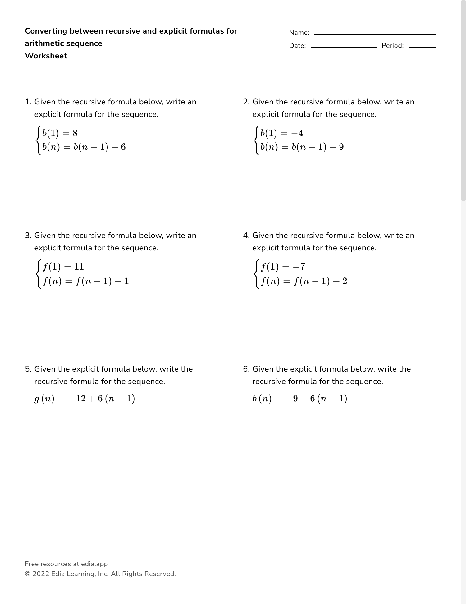 Converting Between Recursive And Explicit Formulas For Arithmetic Sequence Worksheet