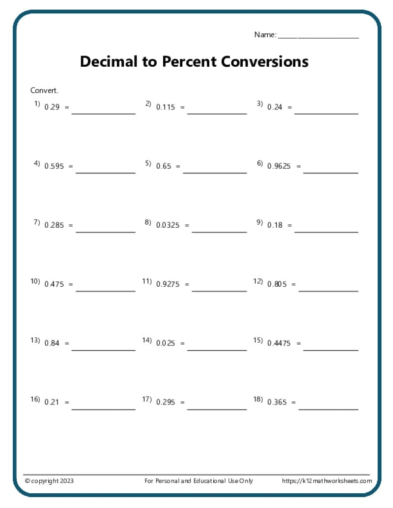 Converting Percentages Worksheets