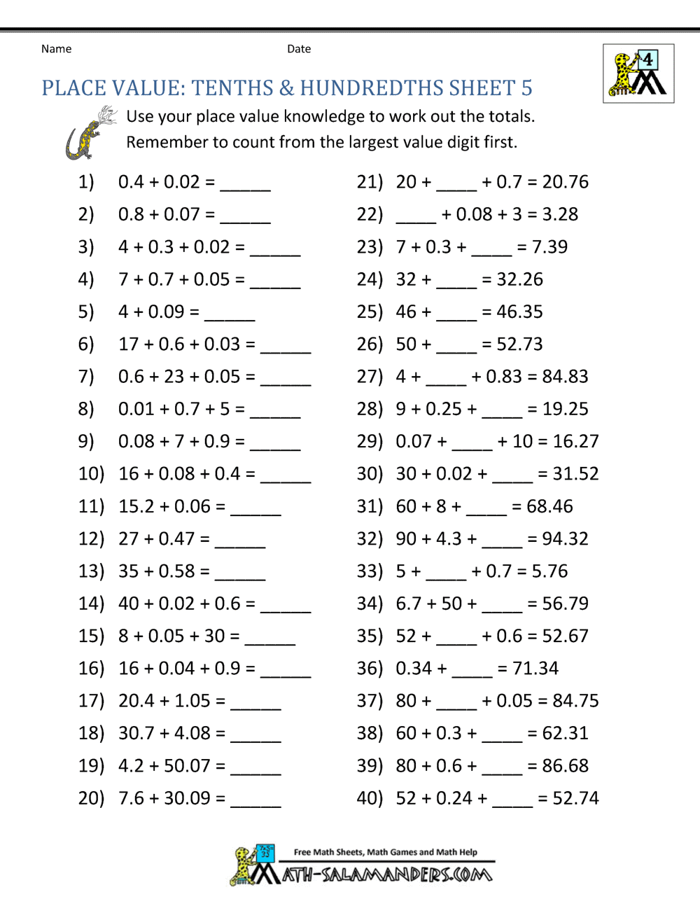 Decimal Place Value Worksheets 4th Grade Decimal Place Value Worksheets 4th Grade