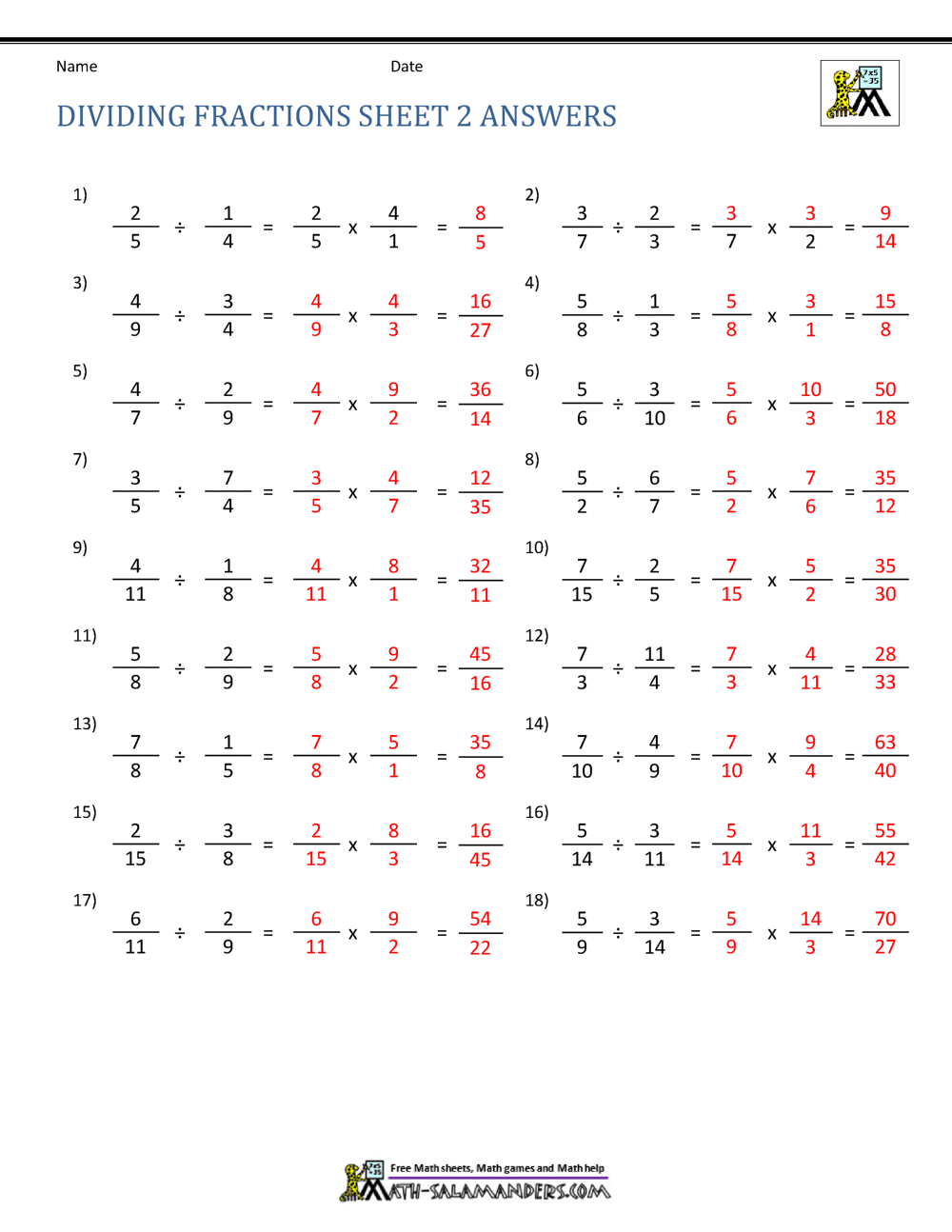 Dividing Fractions Worksheet
