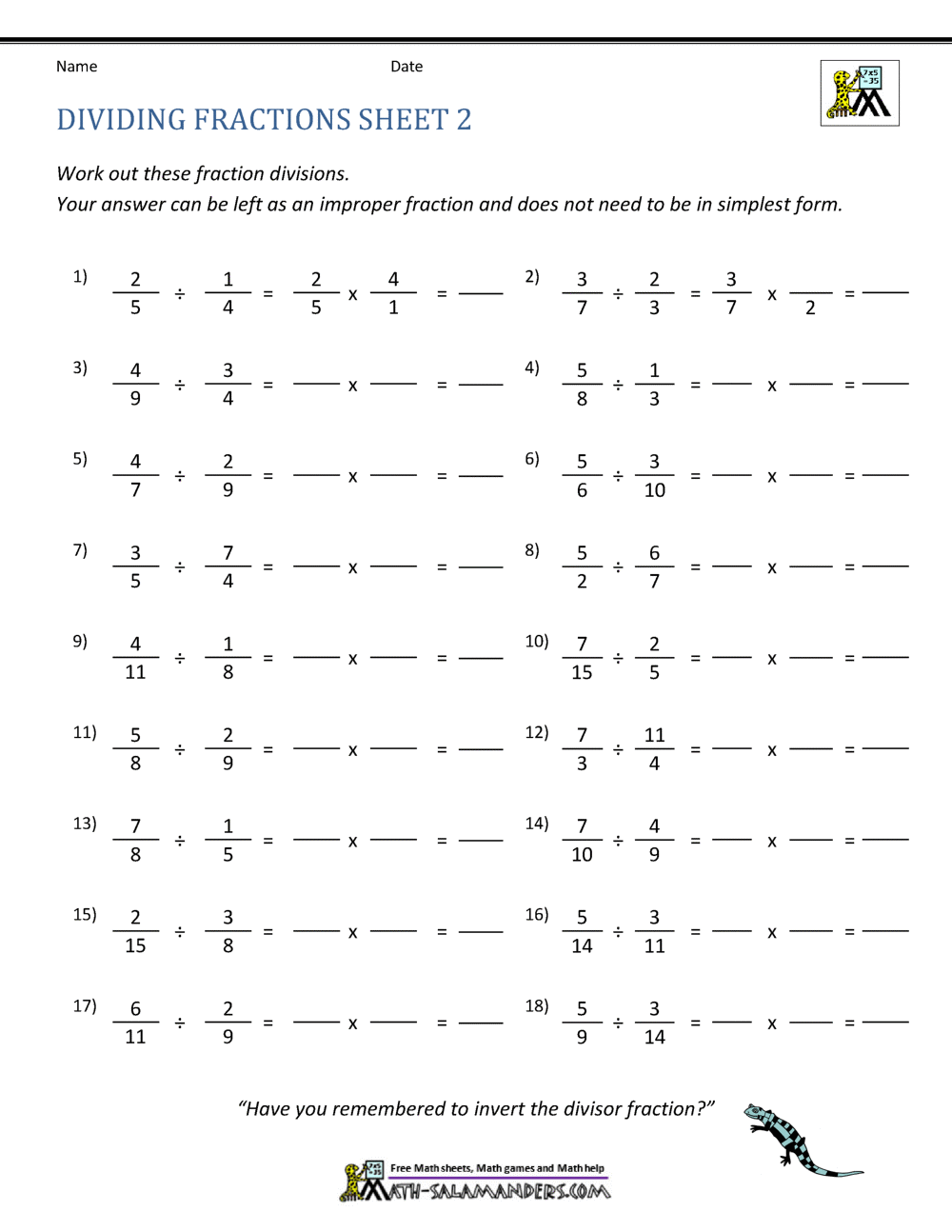 Dividing Fractions Worksheet Worksheets Library