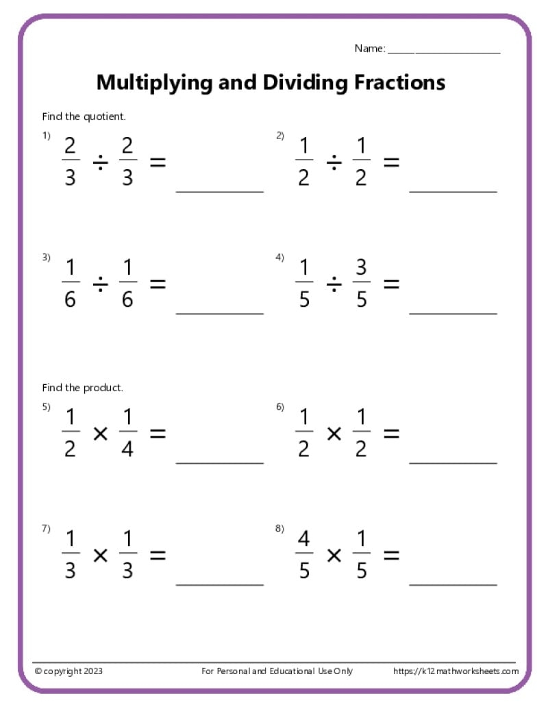 Dividing Fractions Worksheet