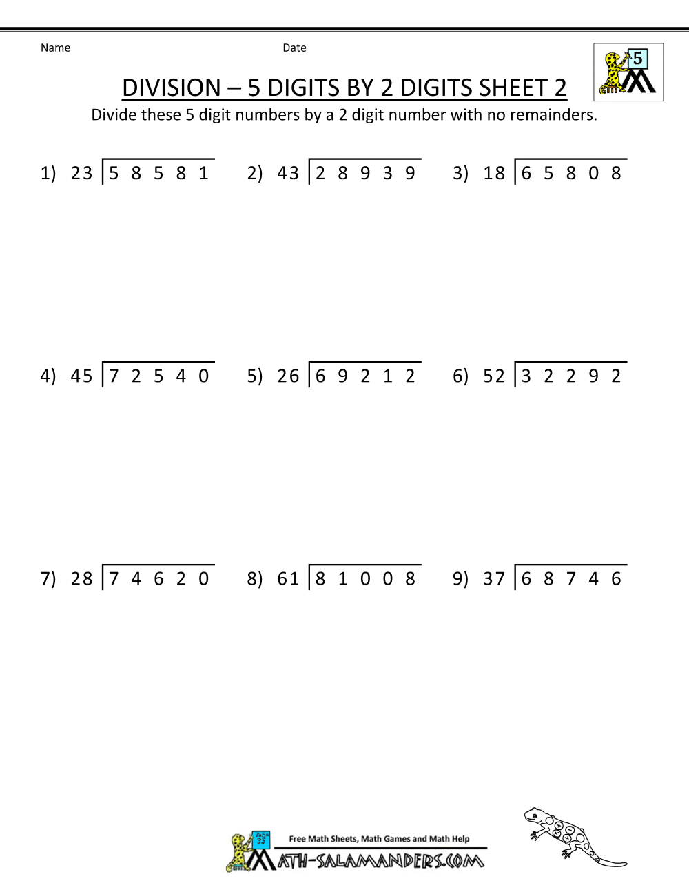 Division 5 Digits By 2 Digits Sheet 2