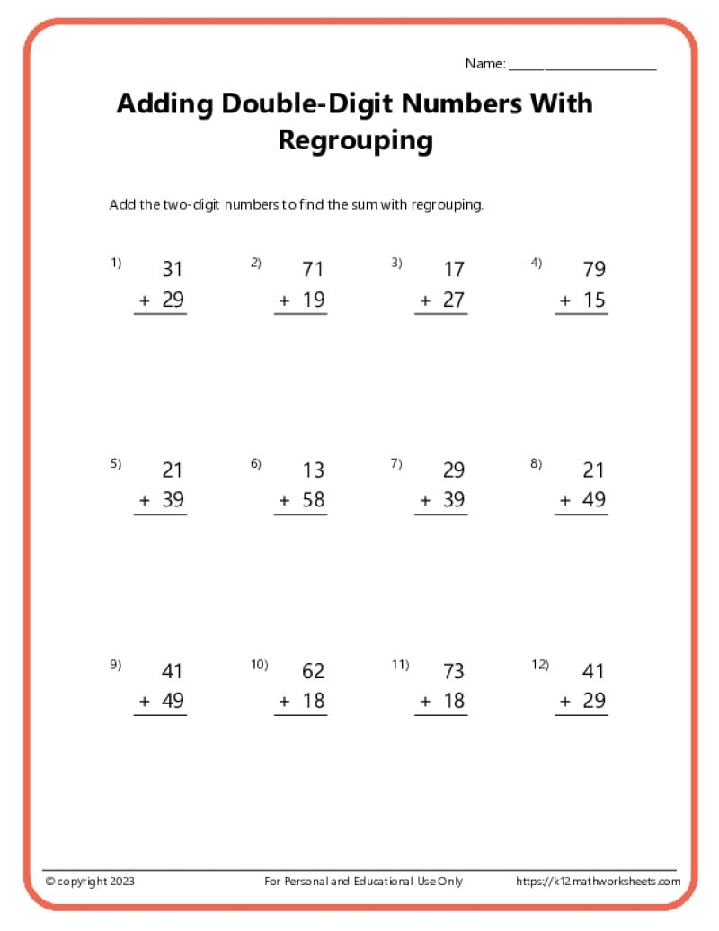 Double Digit Addition With Regrouping Worksheets Two Digit Addition With And Without Regrouping Worksheets Etsy
