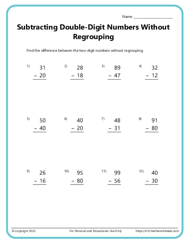 Double Digit Subtraction Without Regrouping K12 Math Worksheets Two Digit Subtraction With And Without Regrouping Worksheets Etsy New Zealand